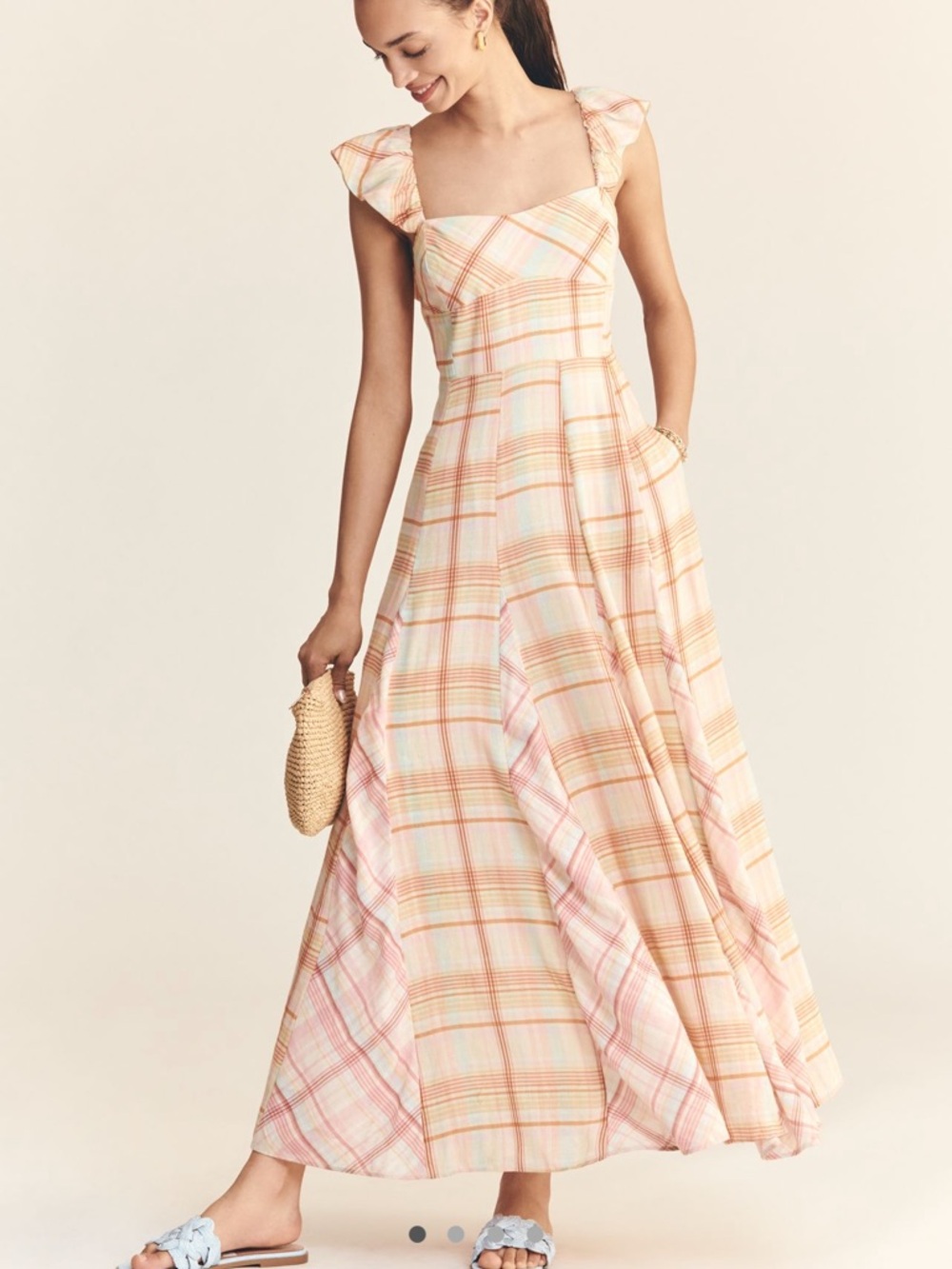 Maeve Pastel Plaid Square-Neck Maxi Dress